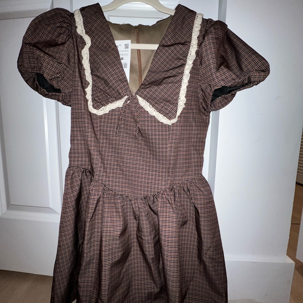 Zara Brown Plaid Mini Dress with Cream Accents